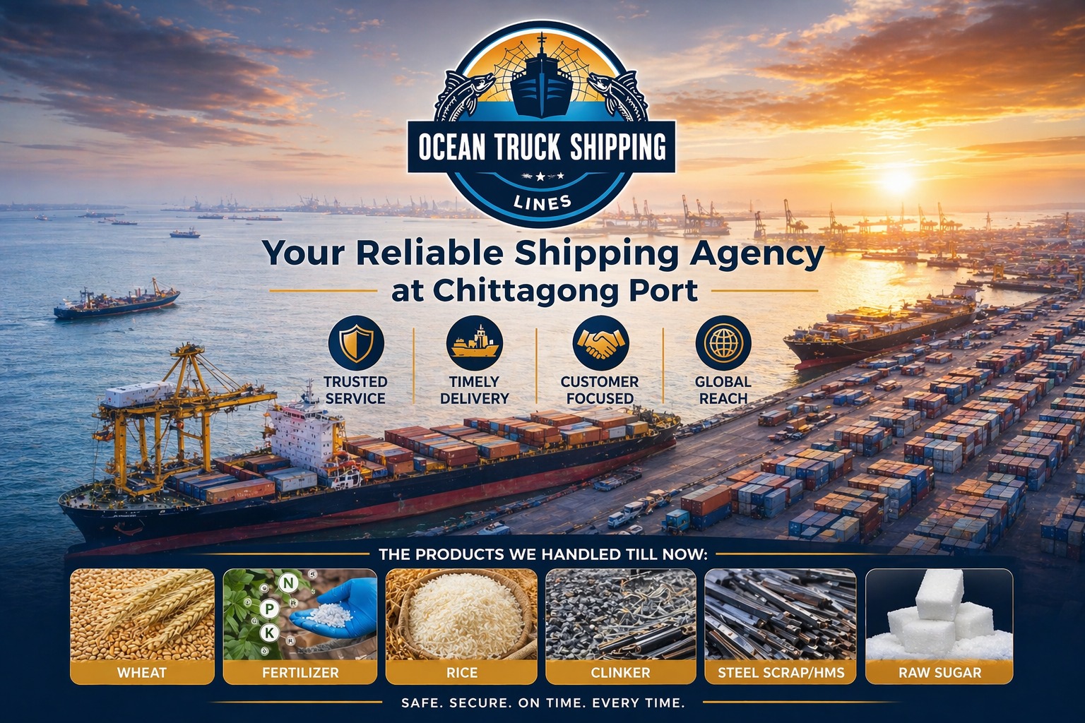 Ocean Truck Shipping Lines — Your Reliable Shipping Agency at Chittagong Port. Handling wheat, fertilizer, rice, clinker, steel scrap/HMS and raw sugar.